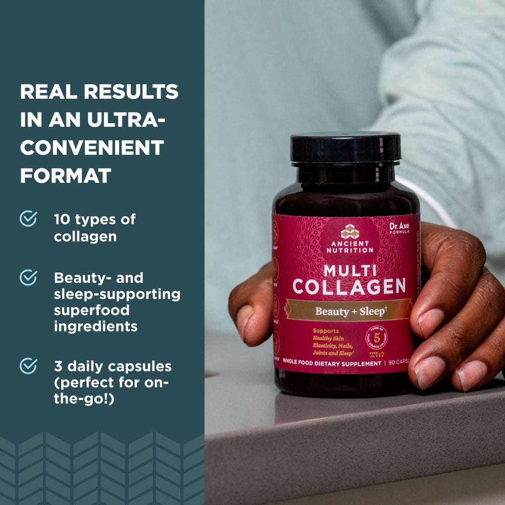 Ancient Nutrition collagen pills supporting hair shine and nail strength.