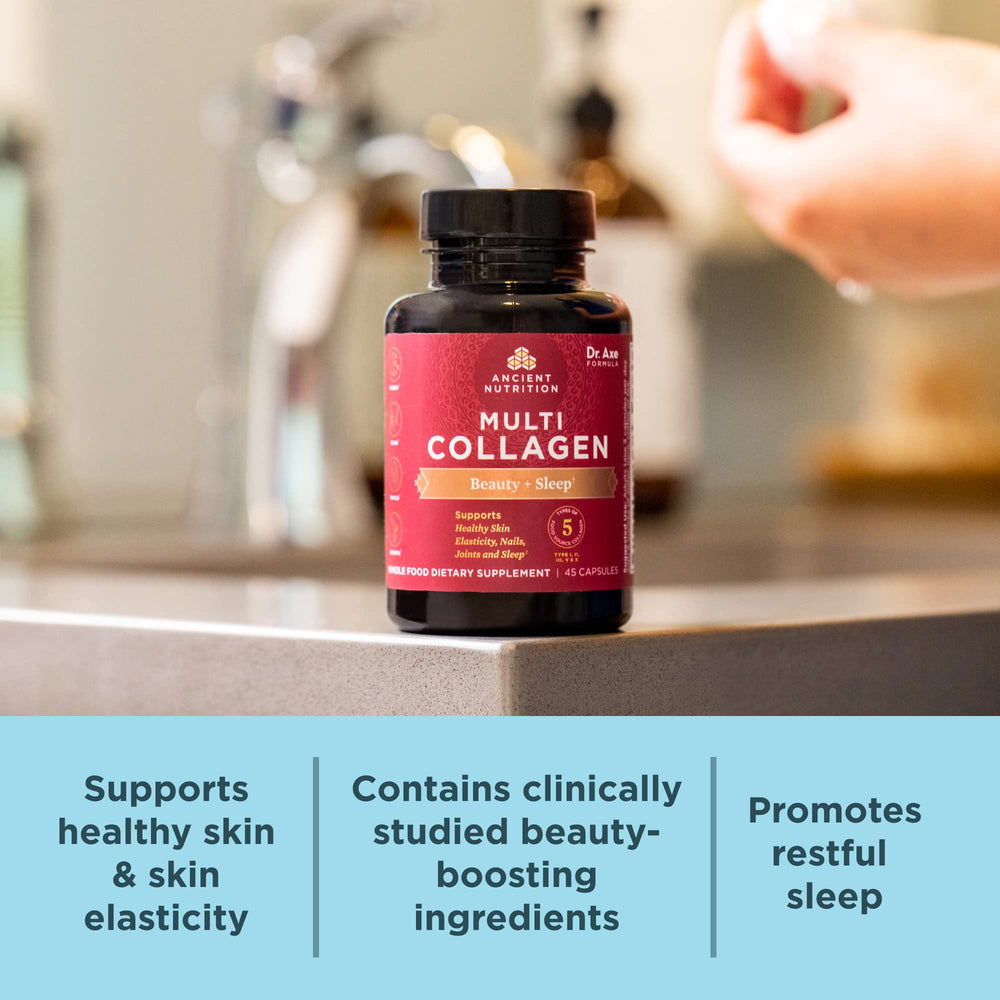 Ancient Nutrition collagen pills highlighting skin elasticity benefits.