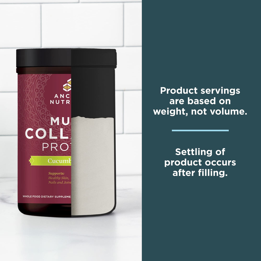 Ancient Nutrition collagen powder cucumber lime flavor bottle on counter suggests tasty addition.