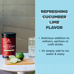 Ancient Nutrition collagen powder cucumber lime nutrition facts show 9g protein per serving.