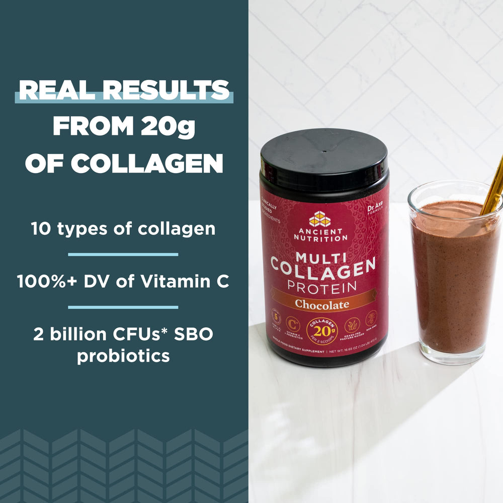 Ancient Nutrition scoop with chocolate collagen powder for shakes.