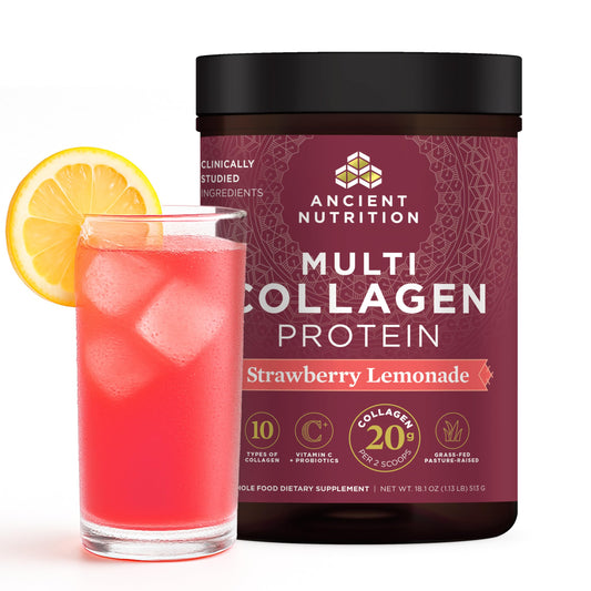 Ancient Nutrition strawberry lemonade collagen powder ready to blend for skin and gut support