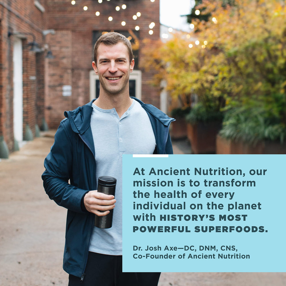 Ancient Nutrition collagen product supports skin and hair health visuals.