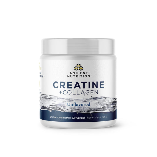 Ancient Nutrition Creatine + Collagen bottle pour supports post-workout recovery.