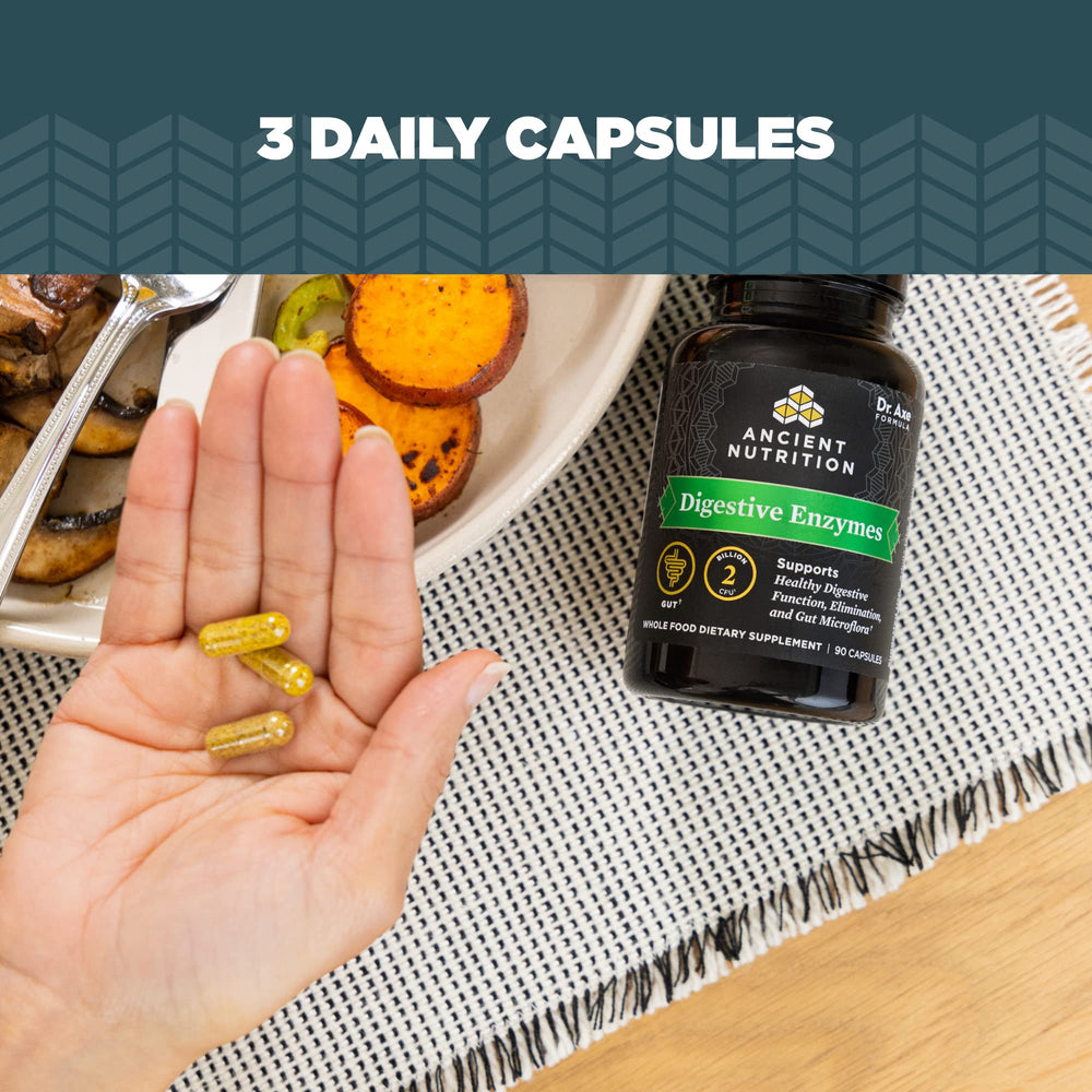 Ancient Nutrition Digestive Enzymes bottle in a kitchen setting for easy pantry use