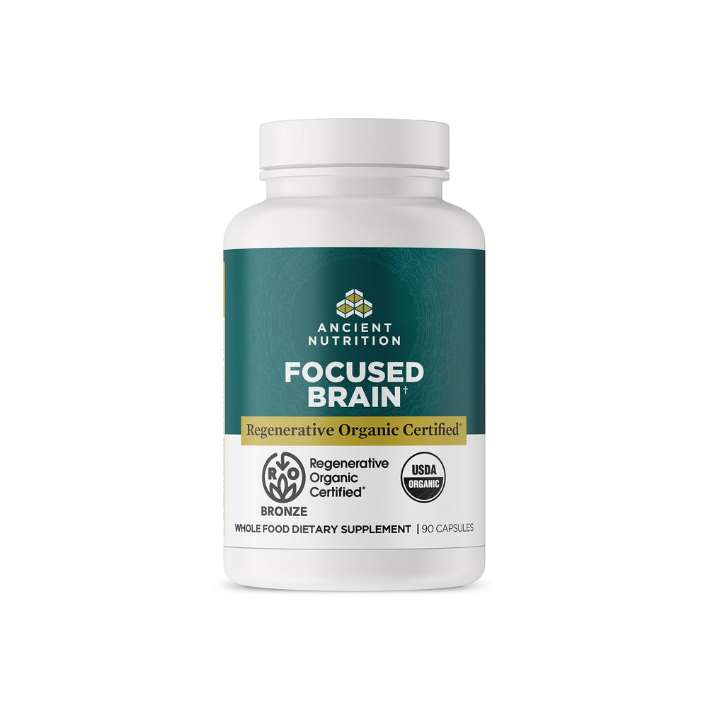 Ancient Nutrition focused brain capsules bottle for daily focus support.