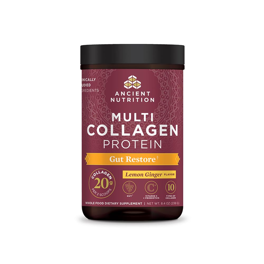 Ancient Nutrition Gut Restore collagen powder tub may support gut health with daily smoothies.