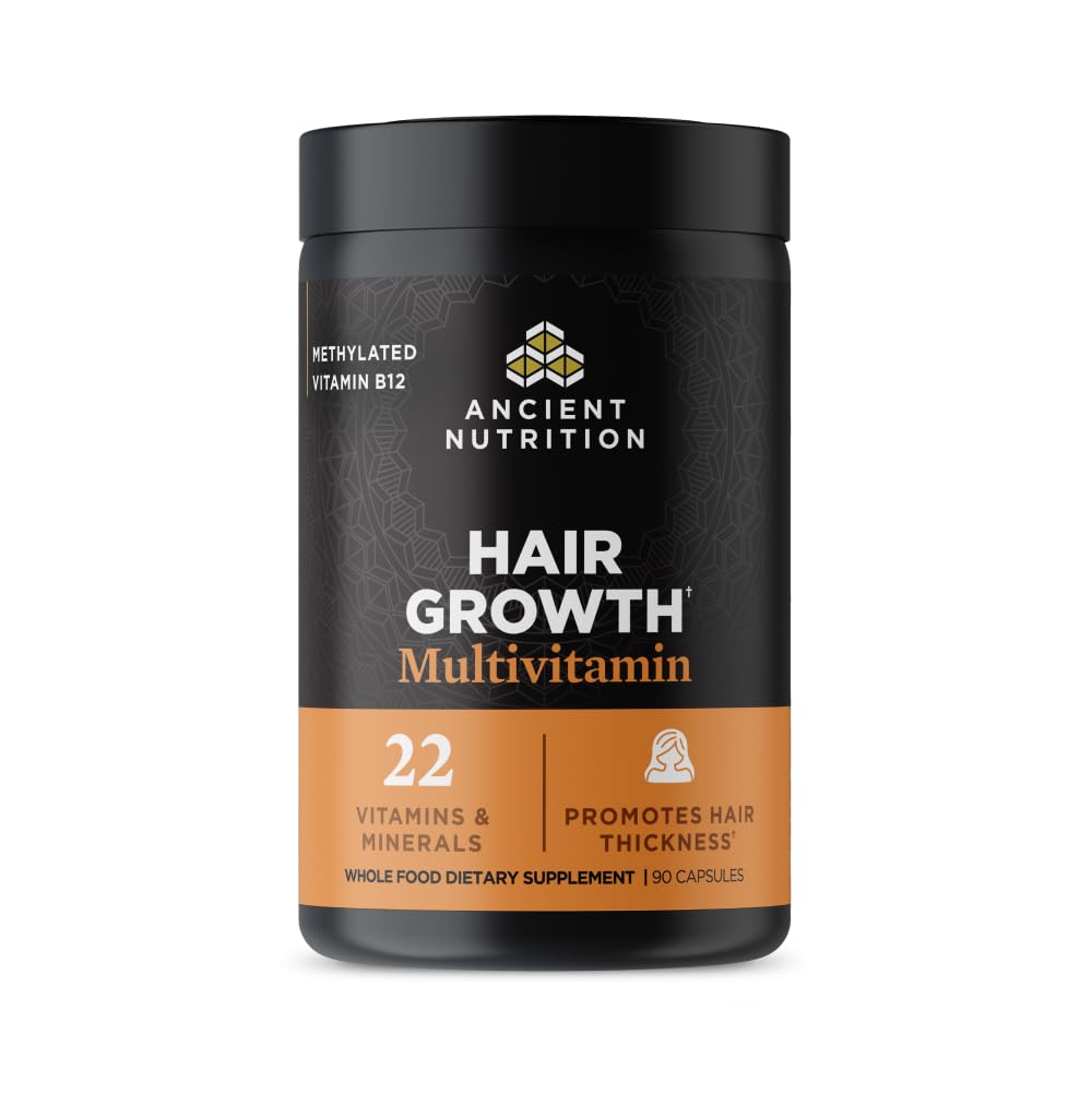 Ancient Nutrition Hair Growth Multivitamin bottle on a countertop suggesting fuller hair possibilities
