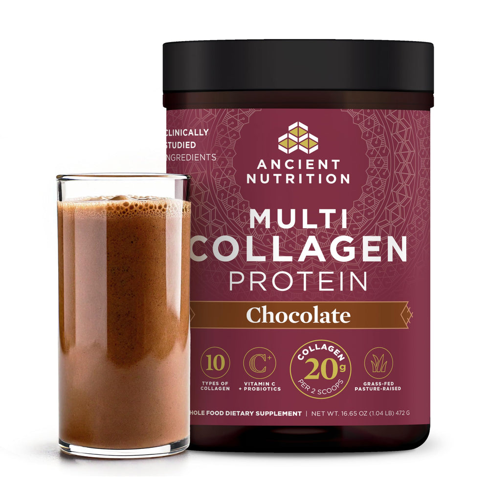 Ancient Nutrition chocolate collagen tub ready for daily protein and collagen support.