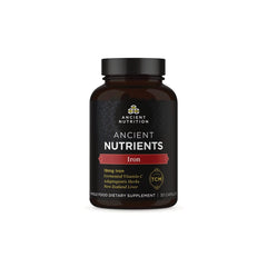 Ancient Nutrition Iron bottle label shows daily iron support with gentle digestion.