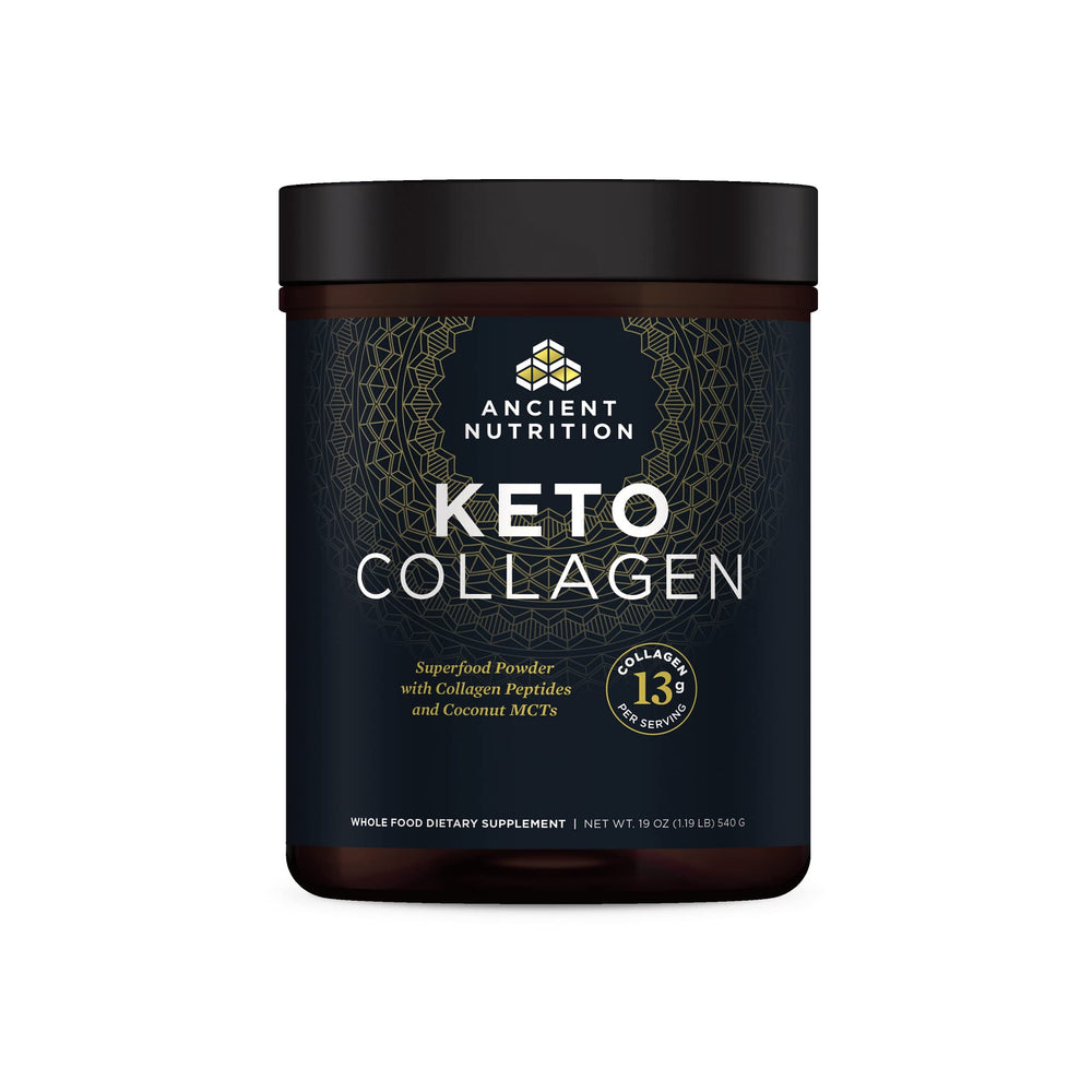 Ancient Nutrition KetoCOLLAGEN powder tub with zero carb formula for keto lifestyles.