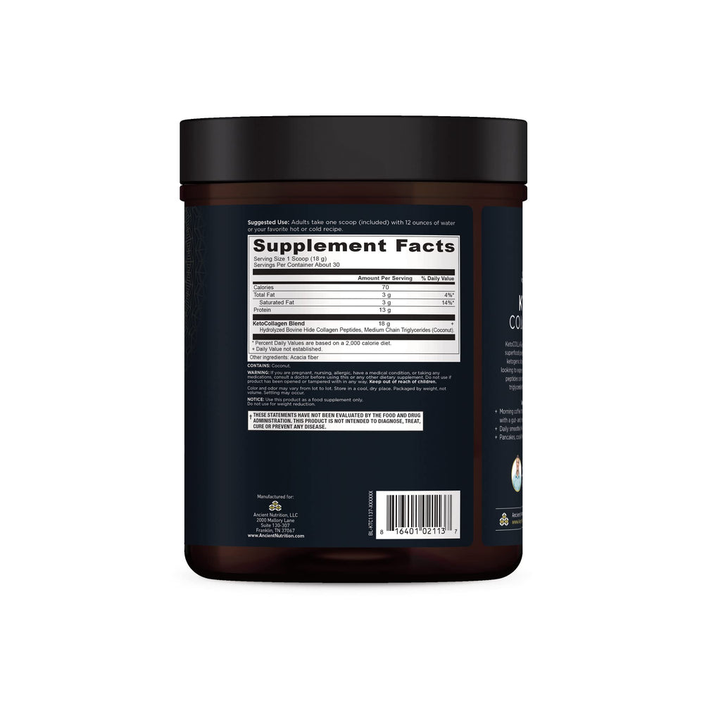 Ancient Nutrition KetoCOLLAGEN scoop highlighting 15 g collagen per serving for skin health.