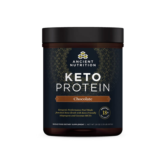 Ancient Nutrition KetoPROTEIN Chocolate powder container for quick keto-friendly shakes.