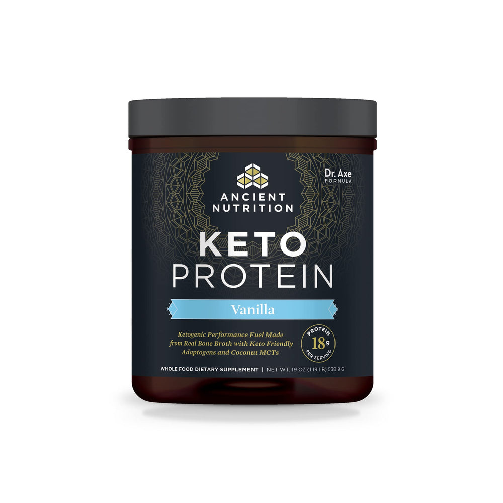 Ancient Nutrition KetoPROTEIN vanilla bottle shows bone broth–based protein for keto meals