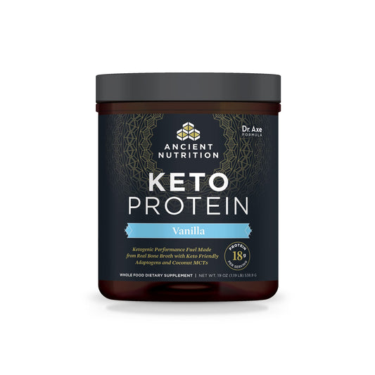 Ancient Nutrition KetoPROTEIN vanilla bottle shows bone broth–based protein for keto meals