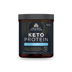 Ancient Nutrition KetoPROTEIN vanilla bottle shows bone broth–based protein for keto meals