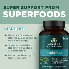 Ancient Nutrition Leaky Gut Capsules label close-up highlighting ingredients