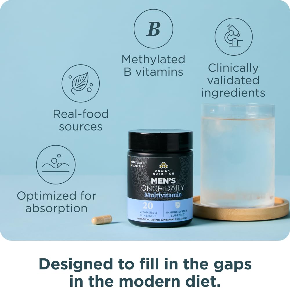 Ancient Nutrition Men Multivitamin label lists methylated vitamins and essential minerals.