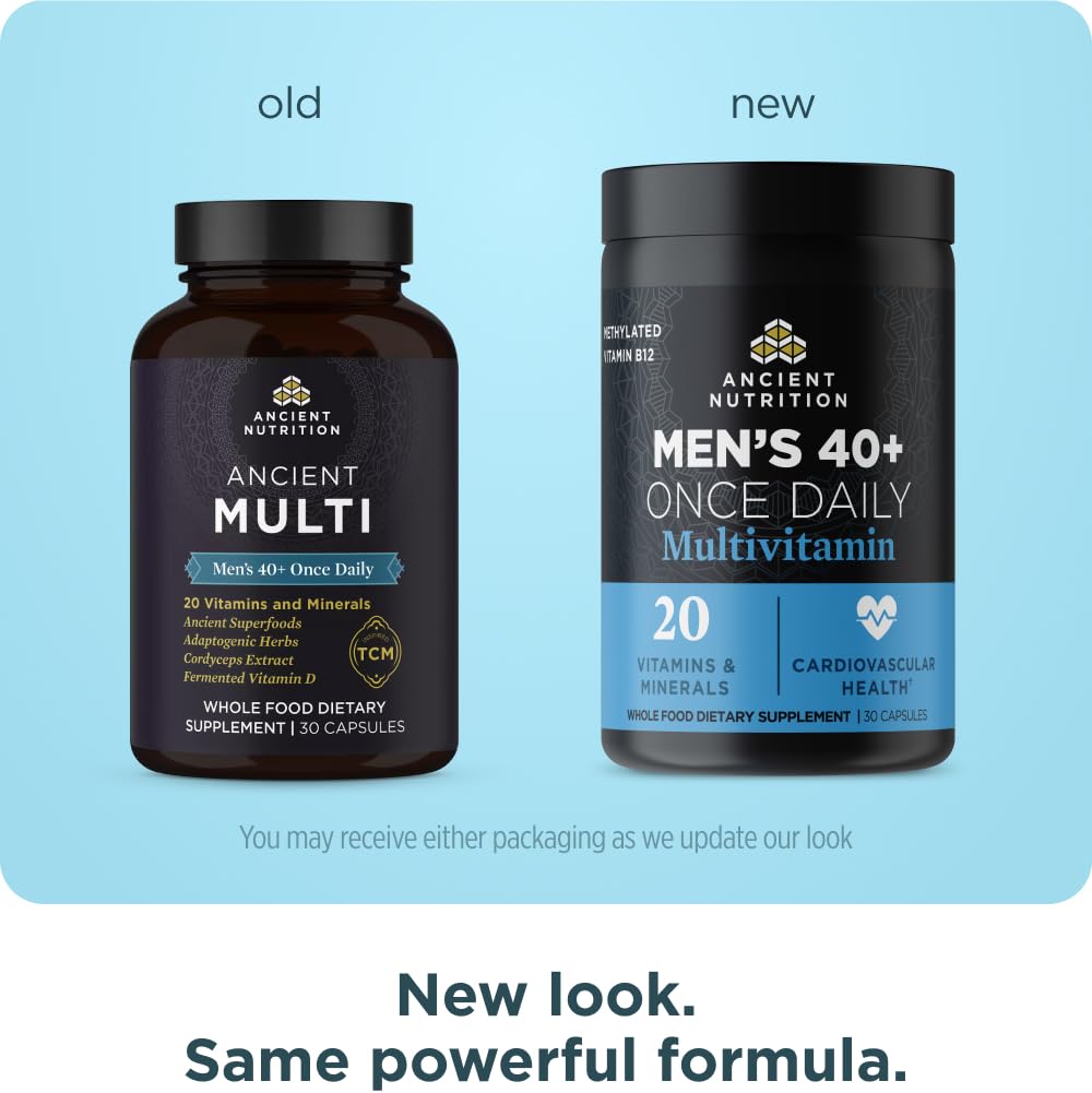 Ancient Nutrition Men 40+ bottle back with usage guidance.