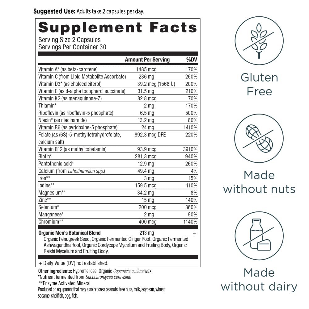 Ancient Nutrition Men’s Multivitamin label close-up highlighting fermented blend.