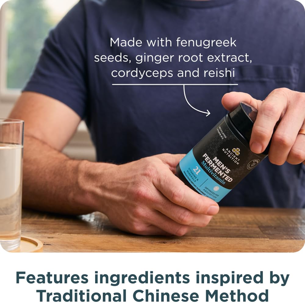 Ancient Nutrition Men’s Multivitamin poured capsules showing two-capsule daily dosage.