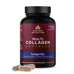 Ancient Nutrition Multi Collagen Advanced Longevity bottle with probiotics supports daily wellness