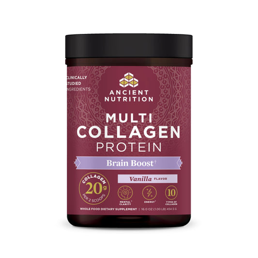 Ancient Nutrition Multi Collagen Brain Boost tub shows a protein blend for skin, nails, and joints.
