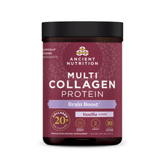 Ancient Nutrition Multi Collagen Brain Boost tub shows a protein blend for skin, nails, and joints.