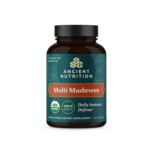 Ancient Nutrition Multi Mushroom bottle showing a 60-count supply for immune support