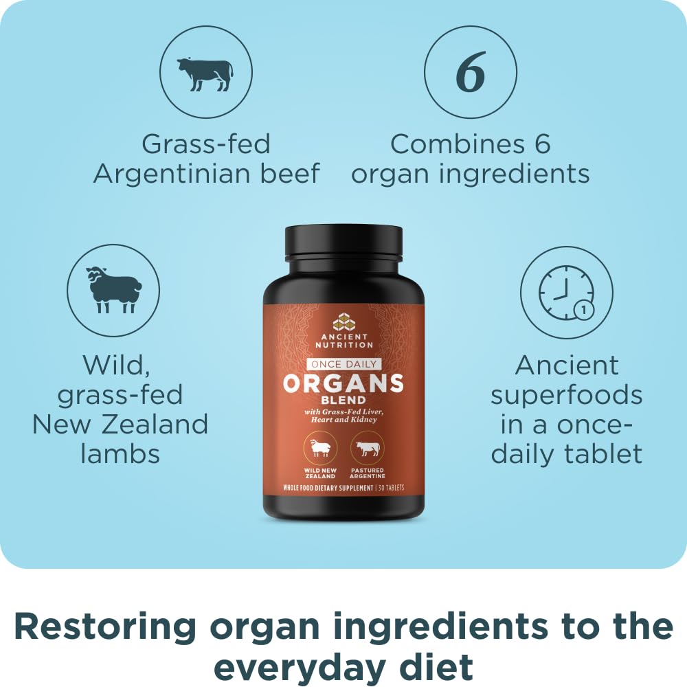 Ancient Nutrition Organ Complex bottle side highlighting grass-fed and wild organ blends for premium nutrition.