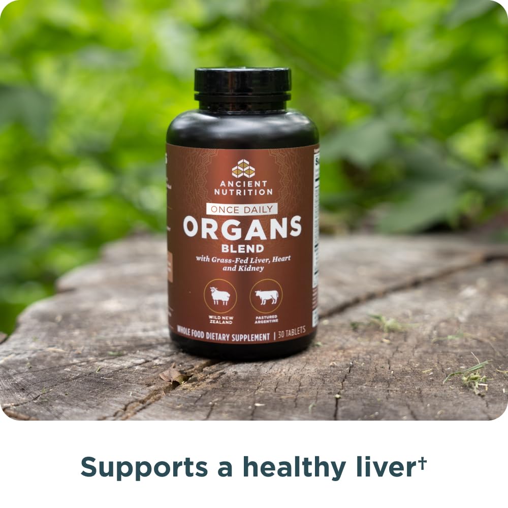 Ancient Nutrition Organ Complex label closeup noting liver, heart, kidney support.
