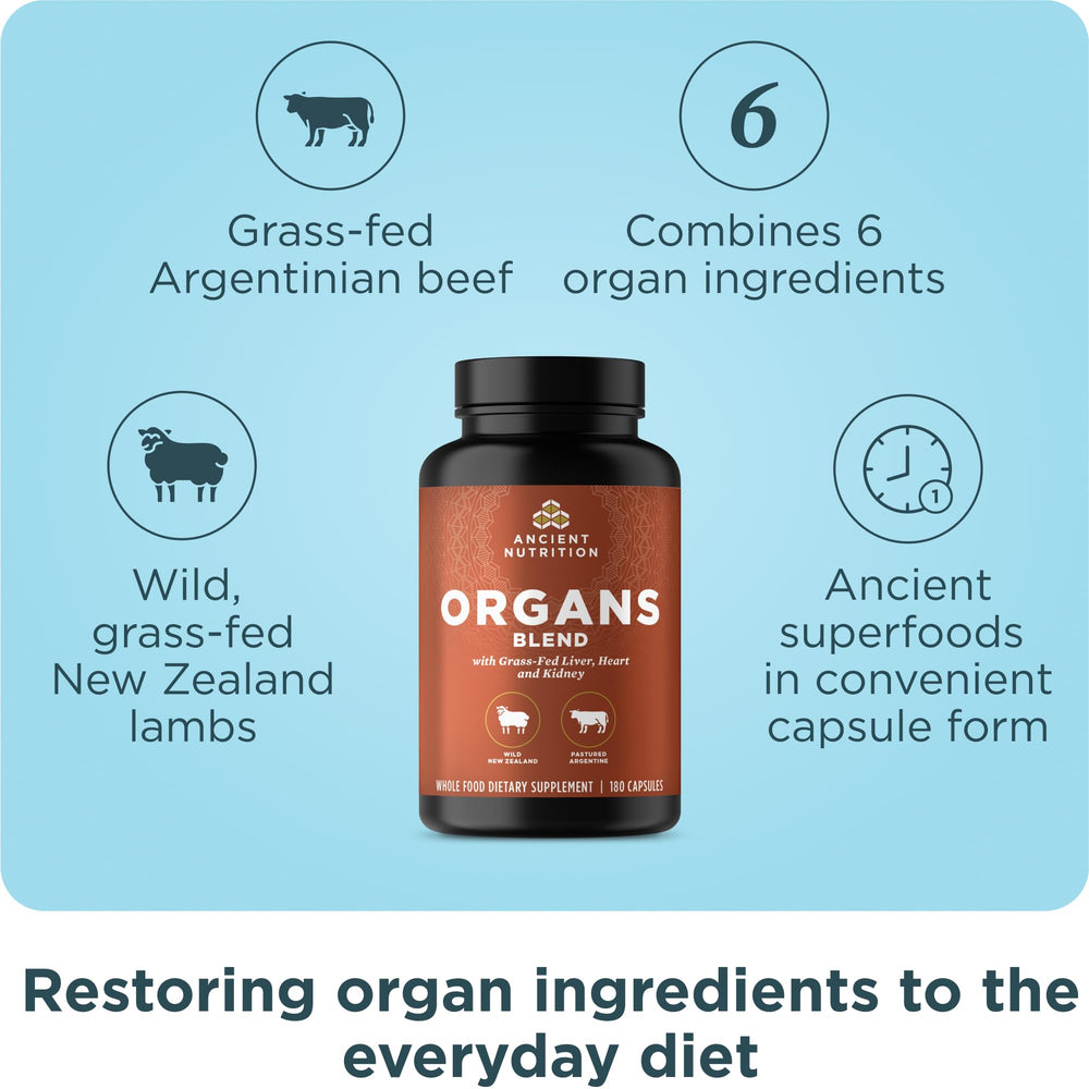 Ancient Nutrition Organ Supplements capsules close-up highlighting easy-to-absorb nutrients from grass-fed and wild sources