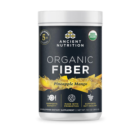 Ancient Nutrition Organic Fiber Powder Pineapple Mango tub for smooth daily digestion.