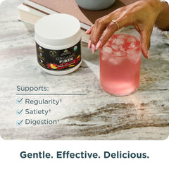 Ancient Nutrition Raspberry Lemonade fiber powder bottle closeup highlighting organic certification