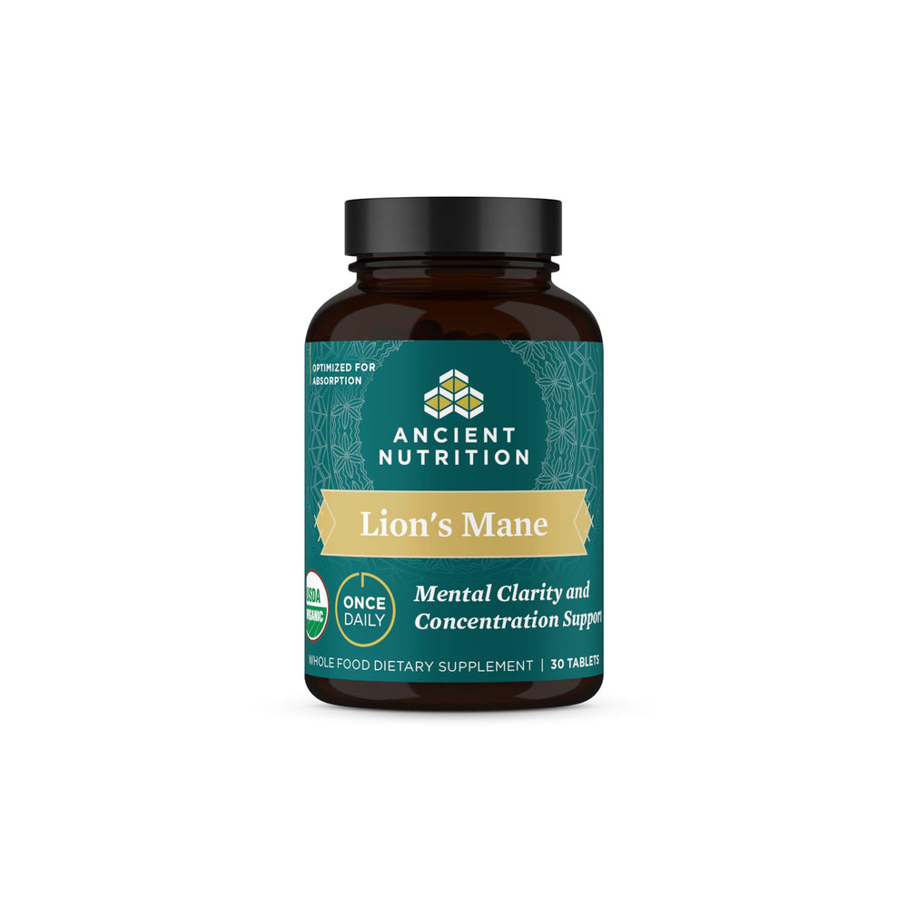Ancient Nutrition Organic Lion's Mane bottle for daily focus and energy.
