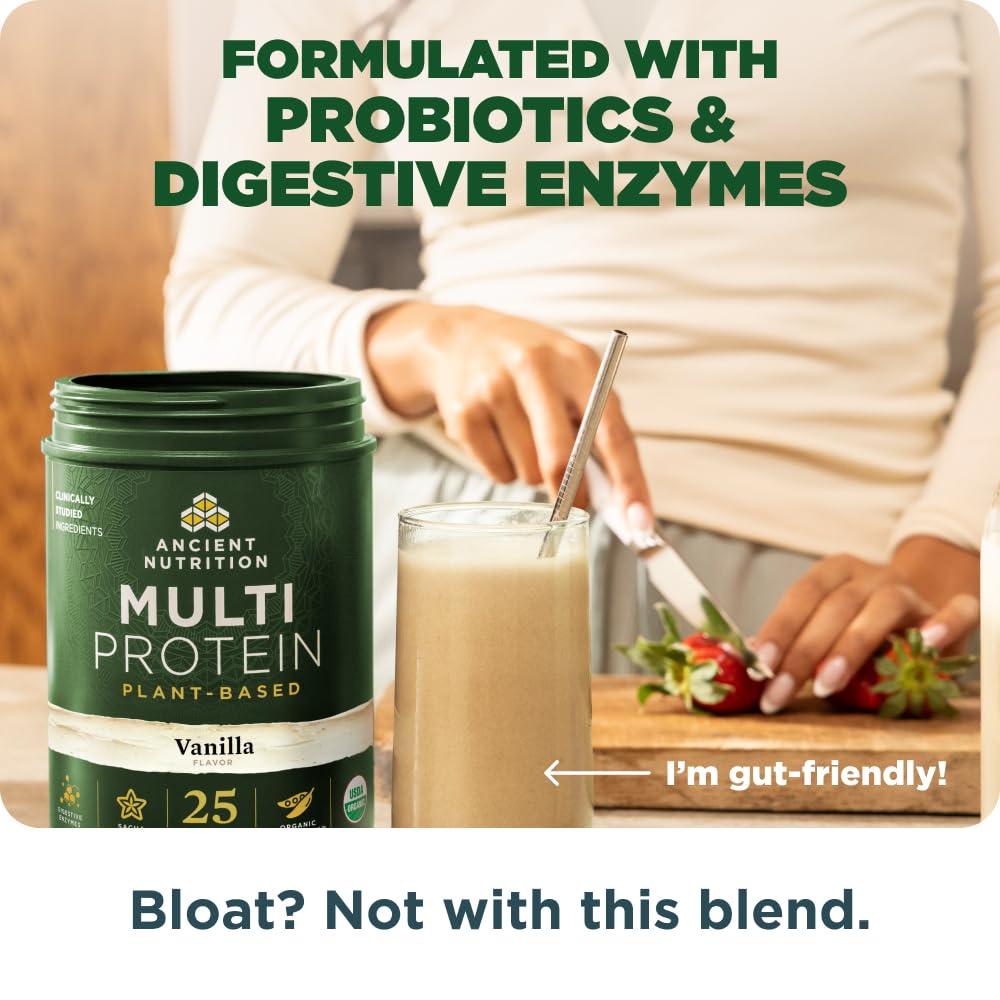 Ancient Nutrition Organic Multi Protein Vanilla label closeup emphasizes organic ingredients and transparency