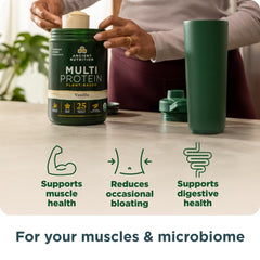 Ancient Nutrition Organic Multi Protein Vanilla scoop in glass demonstrates quick, smooth mixing after training