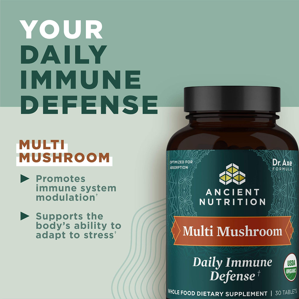 Ancient Nutrition organic mushroom blend ingredients chart highlights immune-supporting varieties.