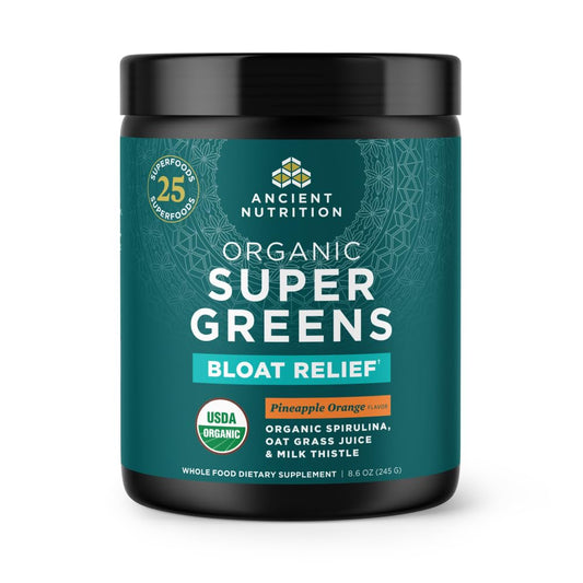Ancient Nutrition Organic SuperGreens bottle pour showing a refreshing daily shake
