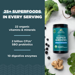 Ancient Nutrition bottle label showing certified organic greens and vitamins.