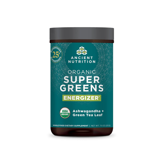 Ancient Nutrition Organic SuperGreens Energizer tub with scoop ready for daily greens