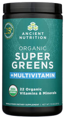 Ancient Nutrition greens and vitamins jar on kitchen counter ready to mix.