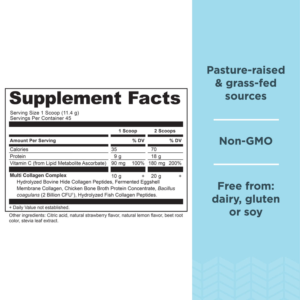 Ancient Nutrition probiotic collagen bottle label highlights five collagen types and sourcing