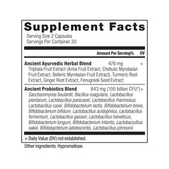 Ancient Nutrition Probiotics Ultimate bottle label highlights 100B CFU per serving for digestion.