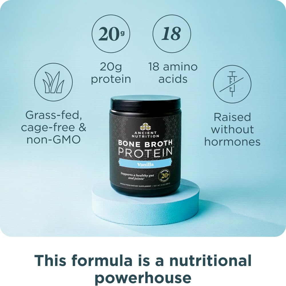 Ancient Nutrition bone broth protein powder label highlights 20g protein per serving for daily nutrition