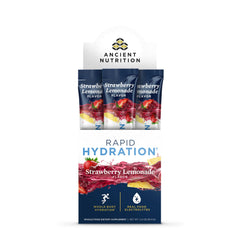 Ancient Nutrition Rapid Hydration stick pack in strawberry lemonade for on-the-go hydration.