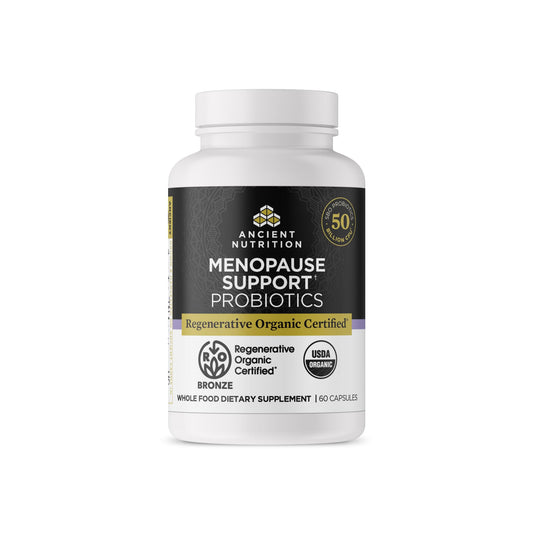 Ancient Nutrition menopause probiotic bottle for daily digestive balance and menopause support