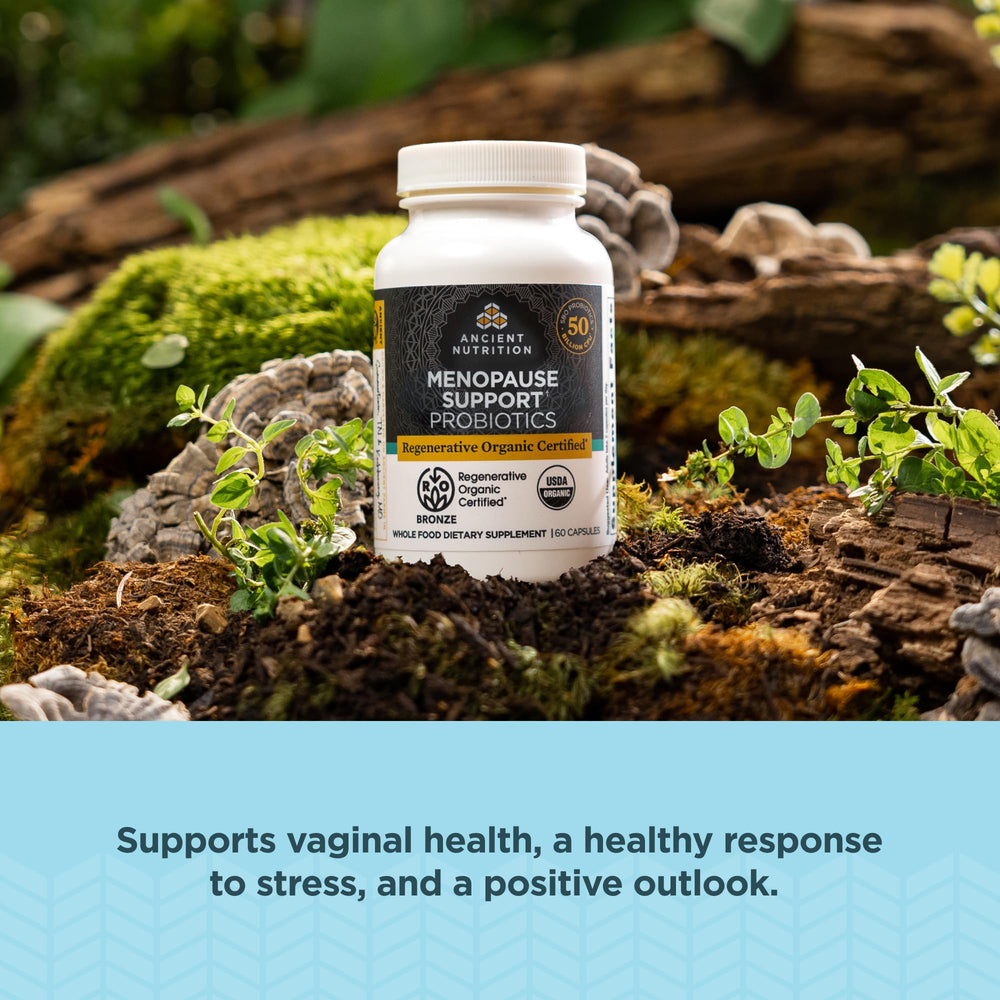 Label detail of Ancient Nutrition menopause probiotic with ROC-certified ingredients