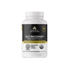 Ancient Nutrition regenerative-organic-gut-recovery-bottle shows a probiotic blend for daily gut health.