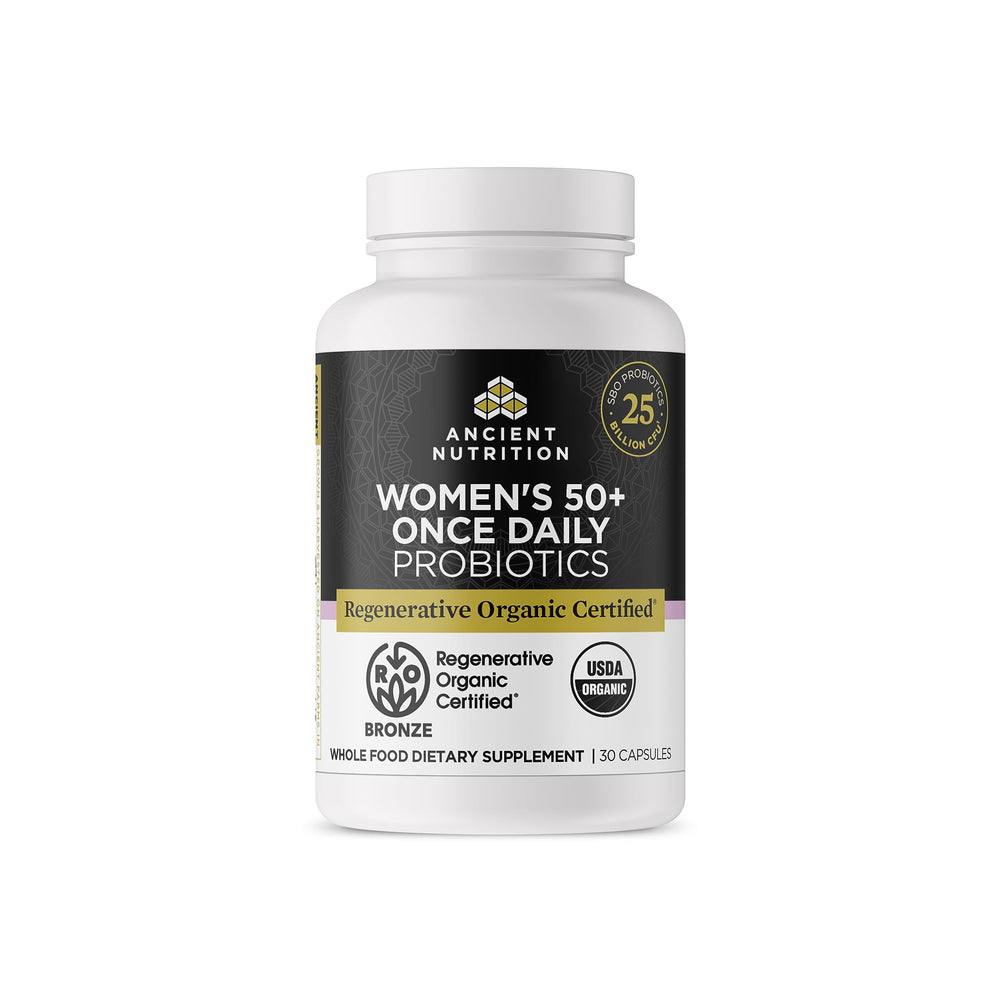 Ancient Nutrition Regenerative Organic Probiotics for Women 50+ bottle showing daily support potential